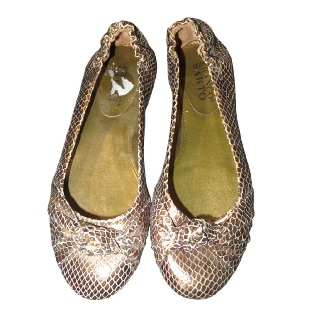 Franco Sarto Astra Brass BOA Snakeskin Metallic Italian Leather Bow Ballet Flats